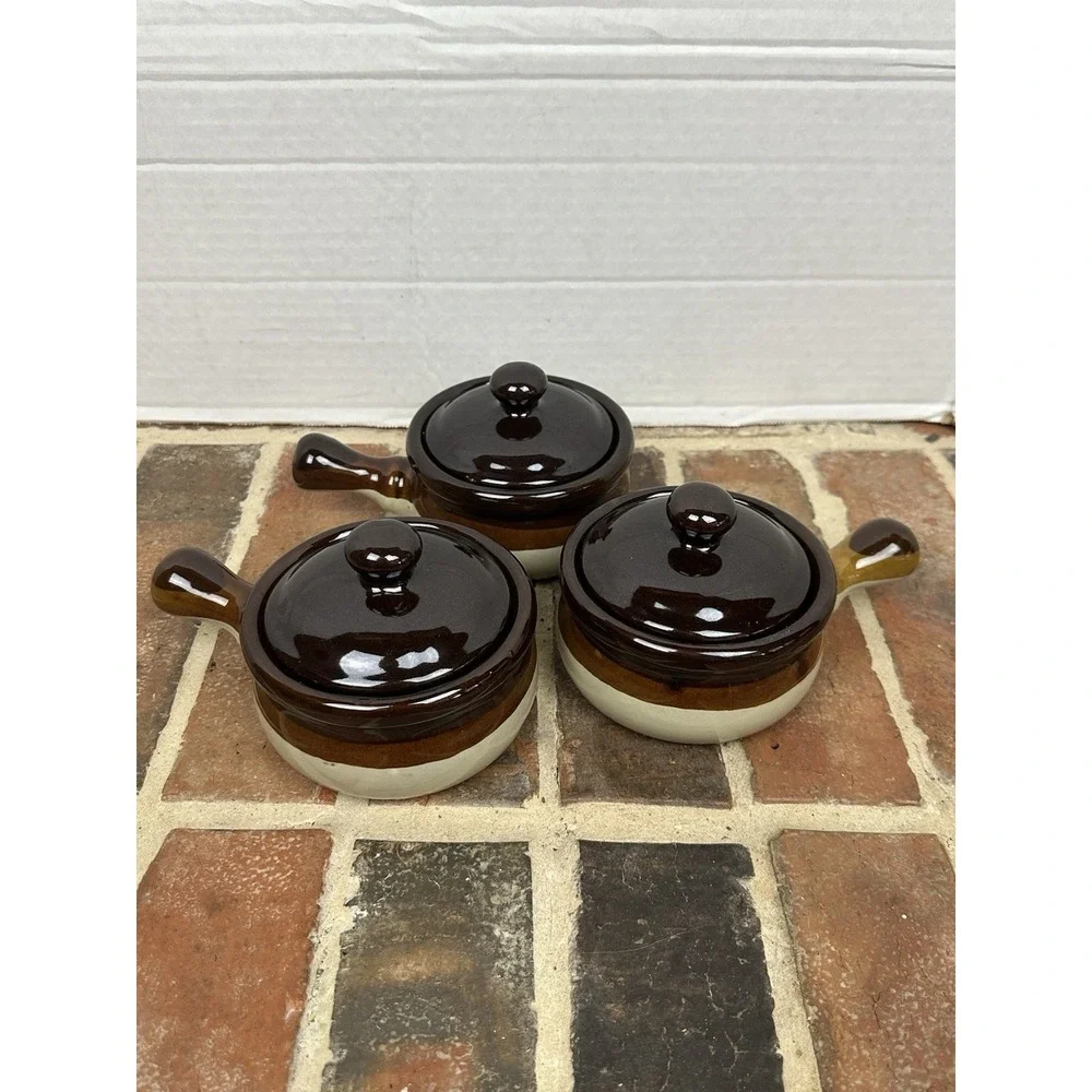 Vintage 70s Single Serve Soup Crock w Lids Set Of Three Glazed Stoneware Handles